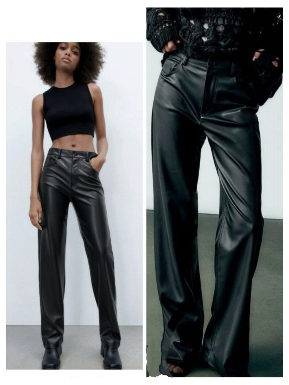 Zara Black Faux Leather Straight-Leg Pants